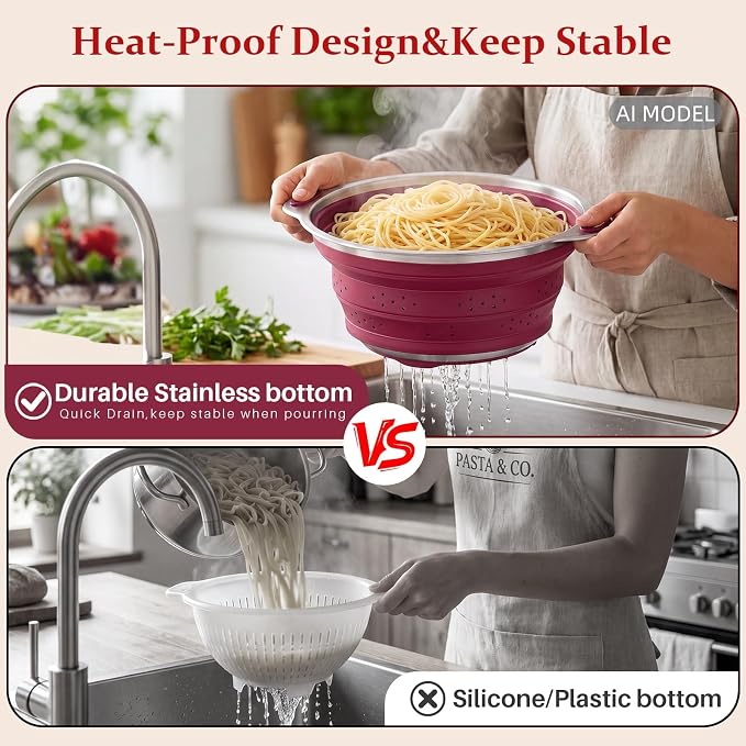 Collapsible Colander Set with Silicone Mat,2-in-1 Stainless Steel Colander for Kitchen, Foldable Metal Colander, Space-Saving for Pasta Veggies Fruit(PERSIAN RED) - Image 3
