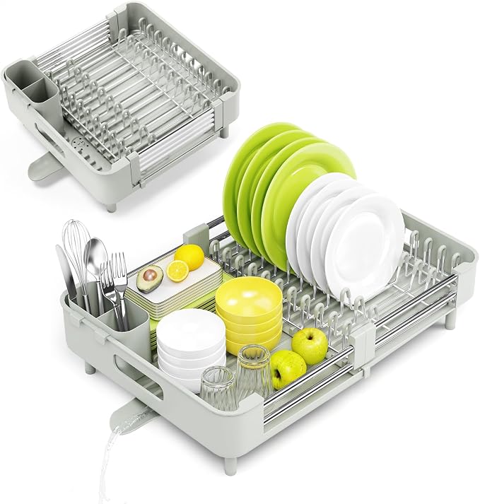 Urackify Extendable Stainless Dish Drying Rack for Kitchen Counter | 13.78"W x 18.7"L, Foldable Drainboard for Space Saving, Knife and Utensil Holder, Fast-draining Spout, Soft Celery Green - Image 9
