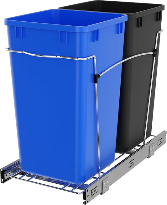 Rev-A-Shelf Pullout Trash Can for Kitchen Cabinets, Blue/Black Bin, 27 Qt | Large Capacity Garbage Recycling Waste Container, Heavy Gauge Metal Wire Construction, Full Extension Slides, RV-15KD-2218C-S by Rev-A-Shelf