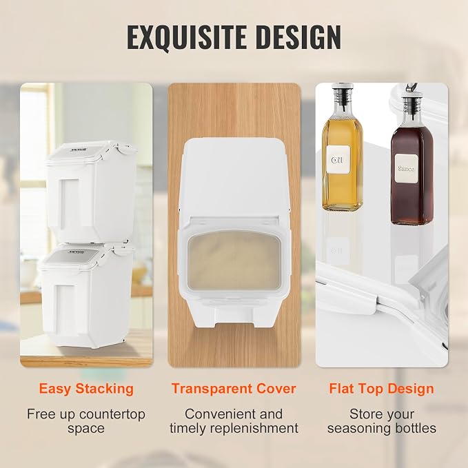 VEVOR Ingredient Storage Bin, 2 x 15L Dispenser Bin with 2 Measuring Cups, Attachable Casters and Airtight Lid, 2 Pcs/Set Dog Pet Food Storage Container, PP Material Kitchen Rice Cereal Flour Bin - Image 6