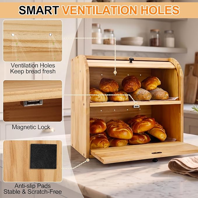 Alpeir Roll Top Bread Box with Cutting Board for Kitchen Countertop | Large Breadbox with Ventilation Holes, Double Layer Pantry Shelf, Wooden Homemade Bread Storage Container, Vintage Farmhouse - Image 7