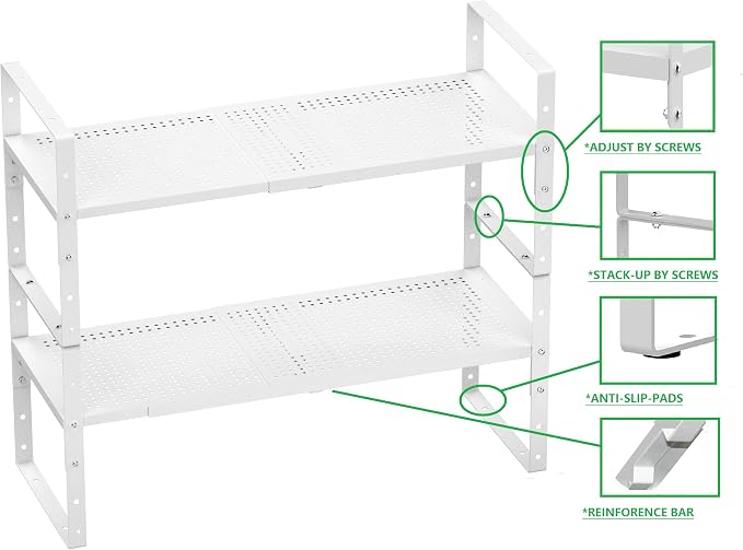 Expandable Shoe Rack Stackable Metal Pantry Storage Shelves Stand Adjustable Height Cabinet Shelf Organizer Racks Spice Shelving(3PACKS/WHITE,LARGE) - Image 6