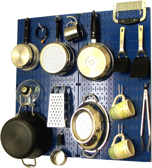 Wall Control Kitchen Pegboard Organizer Pots and Pans Storage Rack Organization Kit with Blue Pegboard and White Accessories by Wall+Control