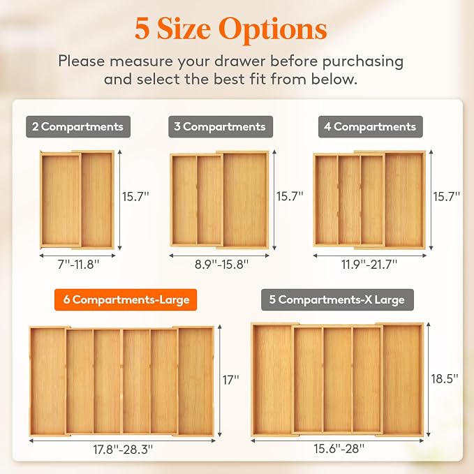 Lifewit Utensil Drawer Organizer, Expandable Kitchen Tool Tray, Wood Adjustable Flatware and Spatula Storage Divider, 17.8-28.3 x 17 x1.8 - Image 4