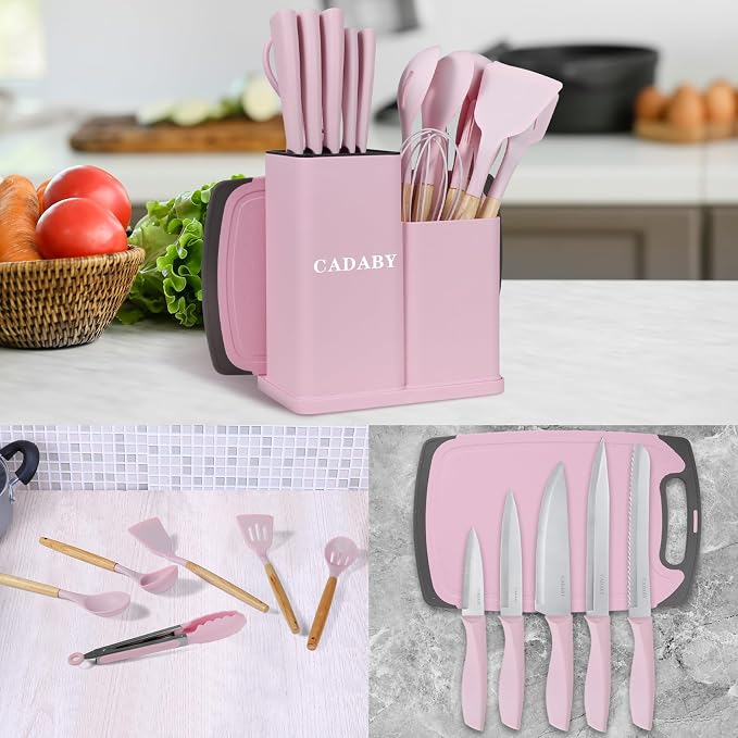 19 PCS Pink Kitchen Cooking Utensils Set Kitchen Tools Set | 6 Stainless Steel Knives, 11 Silicone Utensils with 1 Cutting Board, Ideal for Apartment - Image 9