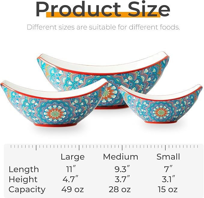 LAUCHUH Serving Dishes, Porcelain Bohemian Serving Bowls with Handles | Mixing Bowls Set Salad Bowls Nesting Bowls for Entertaining, Thanksgiving Party, Bowl Set of 3, 15/28/49 oz, Blue and Yellow - Image 2