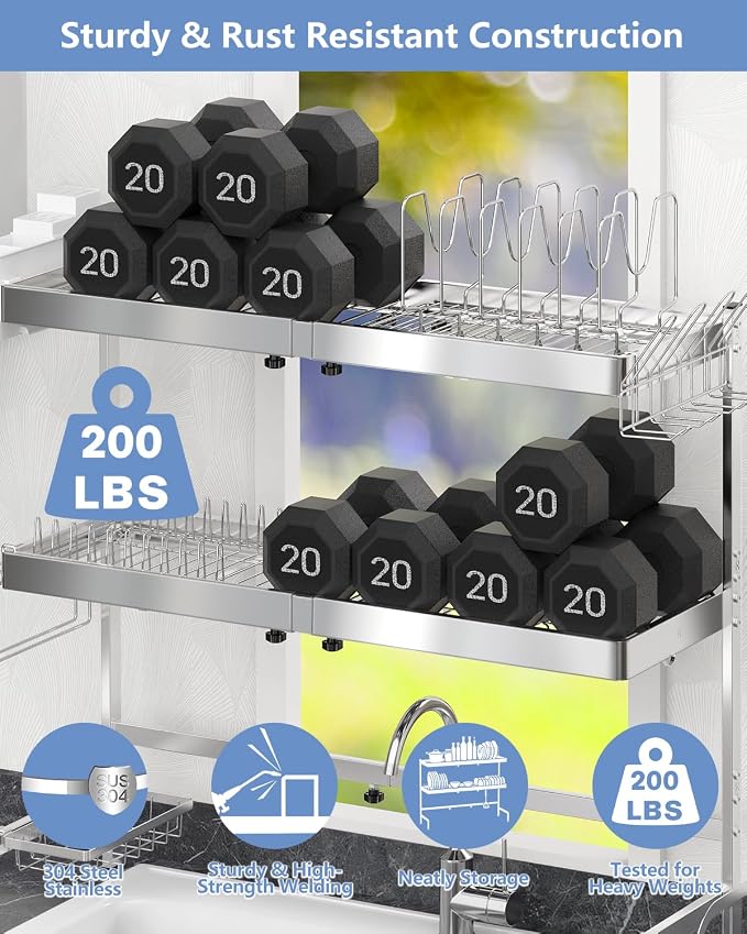 3 Tier Extra Large Over The Sink Dish Drying Rack, Expandable Stainless Steel Dish Drainer with Multifunctional Organizer, Space-Saving Above Sink Dish Rack with Large Capacity for Kitchen Counter - Image 5