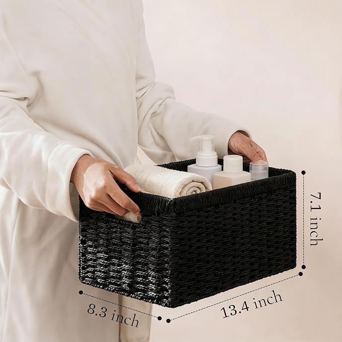 joybest Black Wicker Baskets for Shelves, Hand-woven Storage Baskets | 13.4L x 8.3W x 7.1H inch for Pantry, Kichen Organizing, Foldable Rectangular Bin with Handles, 4-pack - Image 4
