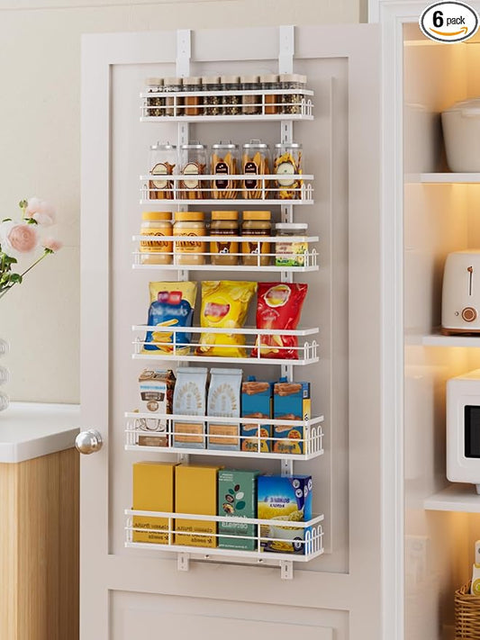 Delamu Over the Door Pantry Organizer, 6 Tier Pantry Door Organizer with Adjustable Basket, Door Spice Rack Seasoning Organizer, Metal Hanging Pantry Organizers and Storage for Kitchen,15.3" White by DELAMU