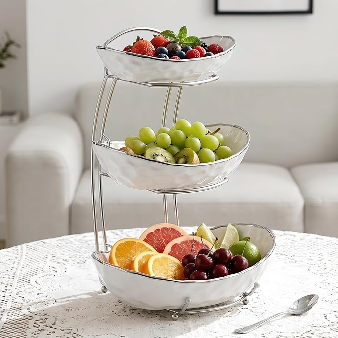 XUDREZ 2 Tier/ 3 Tier Fruit Bowl with Metal Stand for Kitchen Counter, Ceramic Gold Silver White, Portable Tiered Fruit Basket Fruit Rack for Nuts, Snacks, Bread, Candy Storage (White B, 3 Tier) - Image 4