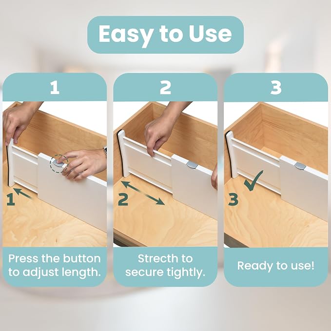 RAPTUROUS Adjustable Drawer Dividers, 8" Tall, Expandable 13.35-22", 4-Pack, Non-Slip for Deep Drawers in Kitchen, Bedroom, and Closet (White) - Image 5