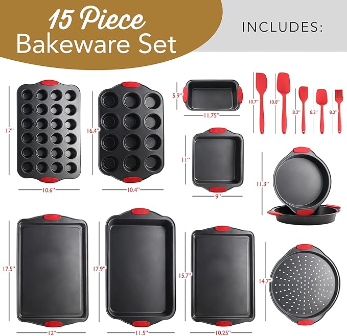 Eatex Nonstick Baking Sheet Set, 15-Piece Baking Pans Set with Silicone Handles, Carbon Steel Cookie Sheets for Baking, Commercial Grade Quality Bakeware Sets Includes Muffin Pan, Cake Pan and More - Image 2