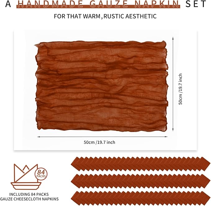 84 Pack Terracotta Cheese Cloth Napkins Gauze Napkin Cloth Bulk Set of 84 Washable Boho Dinner Table Napkins for Wedding Party Baby Shower Birthday Party Decorations，20 x 20 Inch - Image 2