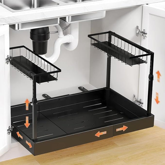 Aisslro Under Sink Organizer, 2 Tier Pull Out Cabinet Organizer, Expandable & Adjustable Slide Out Shelf 17.9''–29.5'', Under Sink Storage for Kitchen Bathroom Laundry Cabinet Storage, Black by AisslroDirect