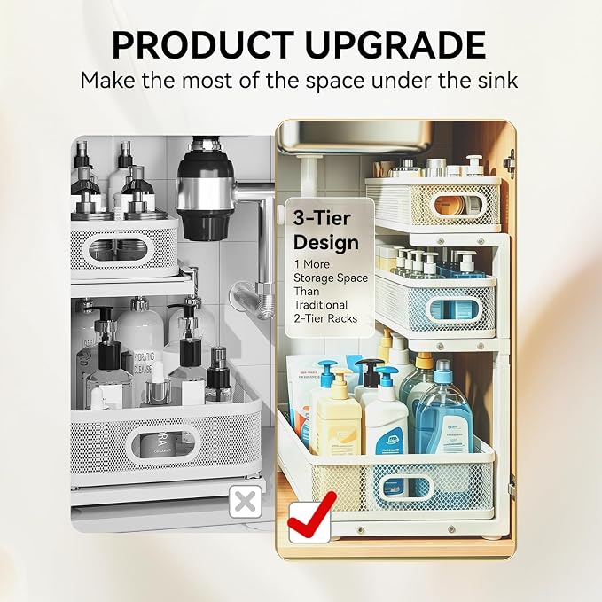 2 Pack 3 Tier Under Sink Organizer with Pull Out Drawer, Height Adjustable Heavy Duty Metal Under Cabinet Organizer, Smooth Sliding Storage Shelf for Kitchen, Bathroom Cabinet Organization, White - Image 3
