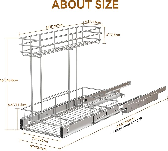 Under Sink Organizer 9" W X19 D, Pull Out Cabinet Organizer 2 Tier | Chrome Plated, Full Slide Out, Under Kitchen Bathroom Sink Organizer, Pantry Cabinet Closet Organization Rack, 1 Pack - Image 2