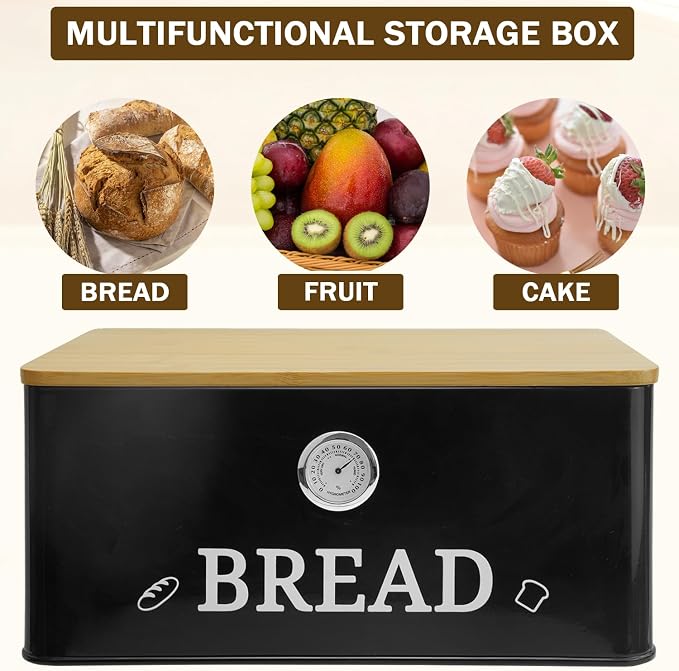Black Bread Box for Kitchen Countertop with Bamboo lid, Hygrometer Kitchen Organizer for Sourdough, Buns, and Loaves, Bread Storage Container - Image 6