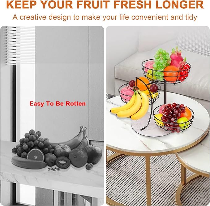Livabber Fruit Basket Bowl with Banana Hanger, Metal Fruit Vegetable Storage Basket with Banana Holder for Kitchen Counter, Detachable Organizer for Bread Snack Produce (Black, 3-Tier Marble Base) - Image 5