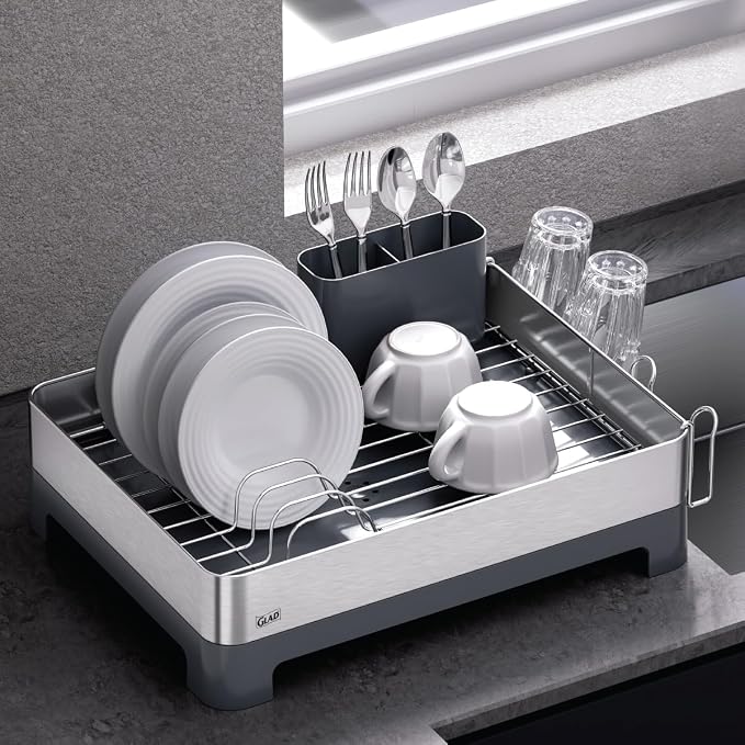 Glad Stainless Steel Dish Drying Rack - Large Space Saving Dish Drainer with Removable Cutlery Holder - Rust-Resistant Metal Rack with Adjustable Drain Spout for Kitchen Countertops, (12.6”W x 17.7”L) by GladTrashFoodStorage