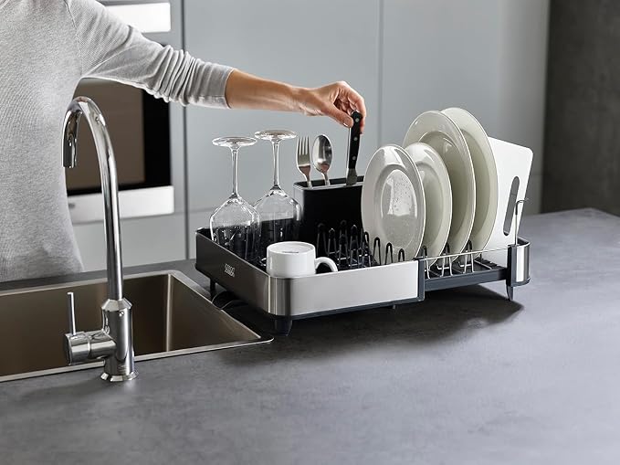 Joseph Joseph Extendable Dish Drying Rack with Dual Parts - Stainless Steel, Non-Scratch, Movable Utensil Drainer & Drainage Spout, Gray - Image 6
