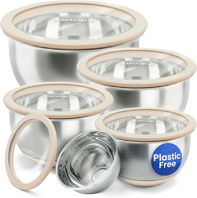 Non-Toxic Stainless Steel Mixing Bowls, Glass Lids, Plastic Free, 5-Pcs | LFGB platinum silicone seal. Keeps food fresh longer. Airtight. Non-slip silicone base. Dishwasher safe. Measurement marks. by Ziruma