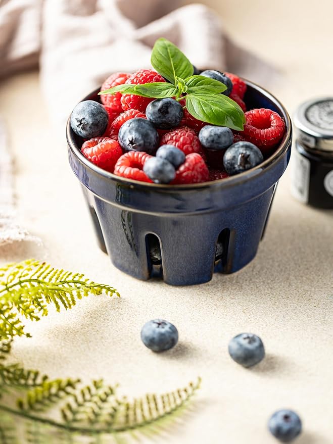 Gomakren Ceramic Berry Bowls with Holes Set of 2 for Fridge, Cobalt Blue | Drain holes keep fruits fresh, stackable, wash & serve, round strawberry basket for fridge kitchen counter, lovely home gift - Image 9