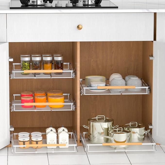 Pull Out Drawer Cabinet Organizer, Expandable Slide Out Storage Shelves - Heavy Duty, Durable and Smooth Slide-Out (1, 2Pack - W:16.3"~26.3", D: 17.2") - Image 4