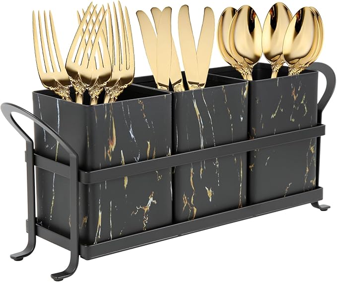 NelyBet Kitchen Utensil holder for Countertop, Silverware Caddy,Golden Marble Black Flatware Holder Utensil Cutlery Organizer for Party Gatherings, Metal and Durable Design by NelyBet