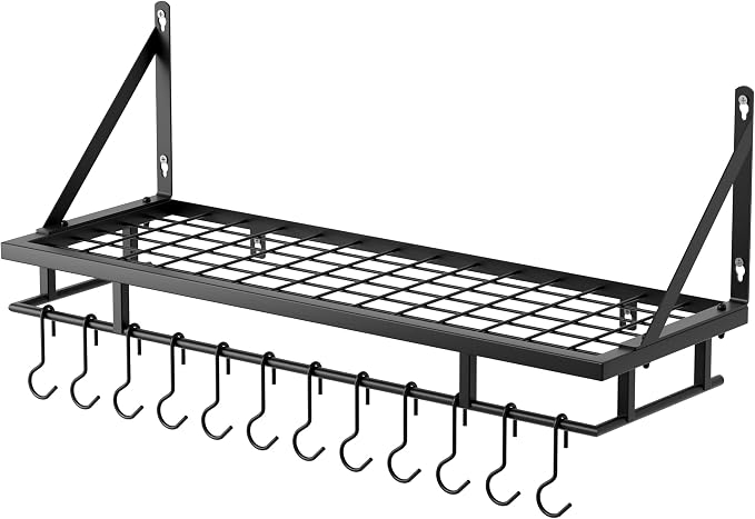 KES 30-Inch Kitchen Pan Pot Rack Wall Mounted, Hanging Storage Organizer | 88 Lbs Capacity, Wall Shelf with 12 Sturdy Hooks, 16-Inch Stud Mount, Matte Black, KUR215S75A-BK - Image 8