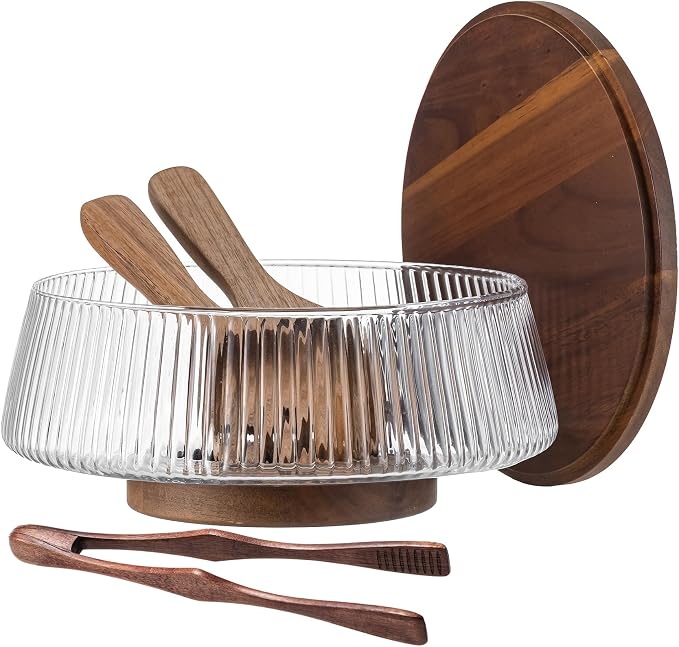 Extra Large Glass Salad Bowl Set, 4.8Qt Mixing Bowl with Acacia Wood Lid, Base and Salad Serving Utensils, Ribbed Serving Bowl Trifle Bowl, Practical Salad Bowls for Kitchen,Parties,Christmas by WARMGIFTWM