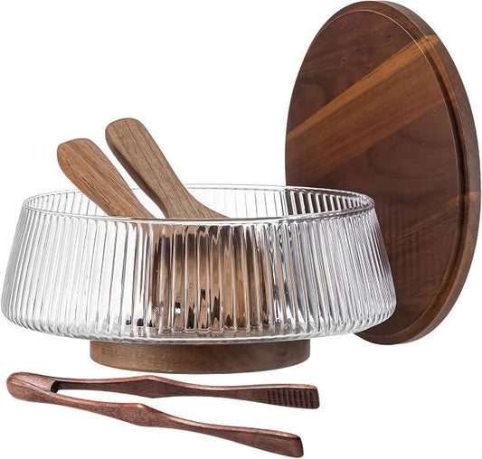 Extra Large Glass Salad Bowl Set, 4.8Qt Mixing Bowl with Acacia Wood Lid, Base and Salad Serving Utensils, Ribbed Serving Bowl Trifle Bowl, Practical Salad Bowls for Kitchen,Parties,Christmas by WARMGIFTWM
