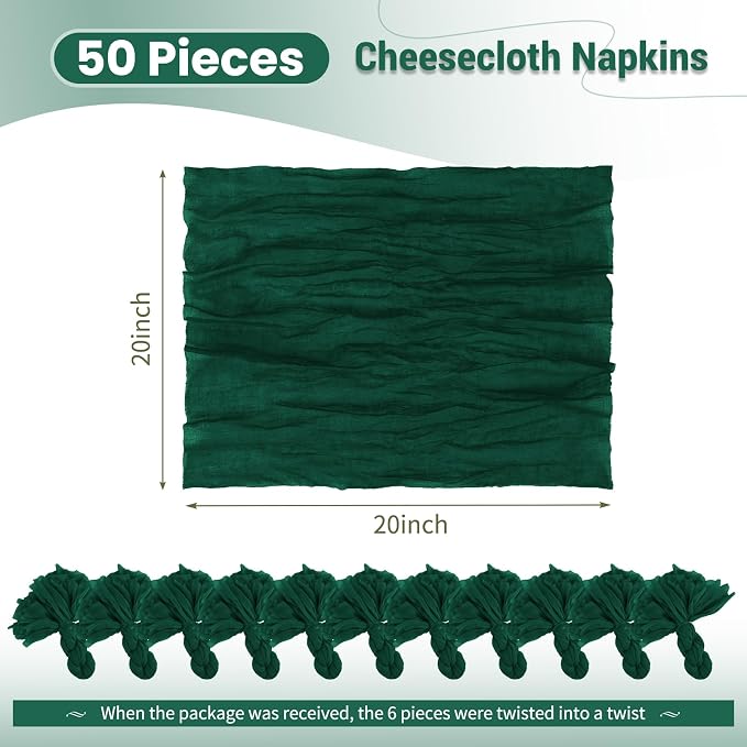 50 Pack Emerald Green Napkins 20x20Inch Cheesecloth Napkins | Elegant Cloth Napkins for Table, Washable Rustic Boho Gauze Napkins, for Wedding Party Bridal Baby Shower Christmas Decor - Image 2