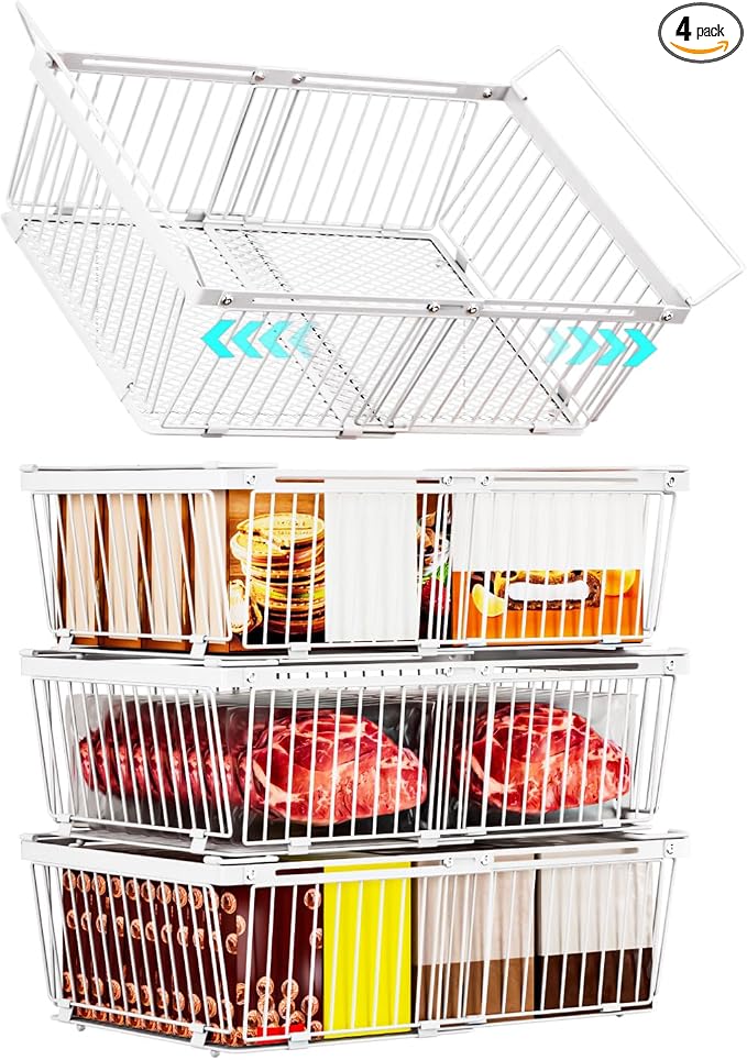 Large Freezer Organizer Bins for 10 to 20 Cu.Ft,4 Pack , Leak-Proof Bottom | ANJUBANFreezer Organizer Bins, Stackable,expandable,foldable,With handle Wire Storage Container Baskets for Sort Frozen Meats by ANJUBAN
