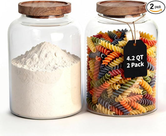 2 PCS Large Glass Food Storage Jars with Airtight Lids, 4.2 Qt Wide Mouth Glass Canister Set for Pantry, Rice, Flour, Sugar, Cereal & Coffee by 77L