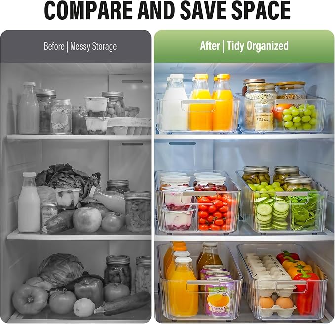 Pull Out Fridge Organizer Bins with Wheels, 8 Dividers, 2-Pack | Clear PET storage bins with handles, rear wheels and adjustable dividers for refrigerator, pantry and cabinet shelves - Image 3
