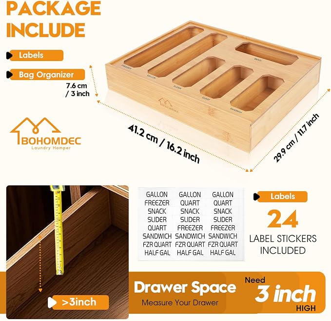 Bamboo Ziplock Bag Organizer for Kitchen Drawer & Wall Mount, Food Storage Baggie Holder, Fits Gallon Quart Sandwich Snack Freezer & Slider Bags, No Assembly, 6 in 1,Natural Color - Image 3