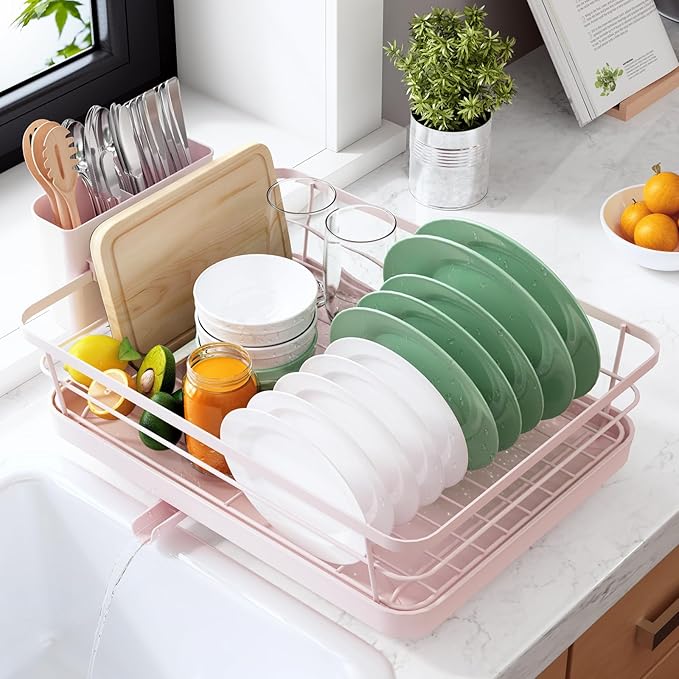 Kitsure Dish Drying Rack for Kitchen Counter, 12''W x 15.5''L, Pink | Stainless Steel Sink Organization, Cutlery Holder, Home and Appartment Decor by Kitsure