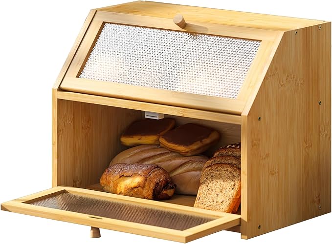 STDDRE Bread Box for Kitchen Countertop Bin Double Layer Bread Box Storage Container Extra Large Capacity Farmhouse with Diamond Pattern Windows (Natural, Large) by LifeTakesaDifferentTurn