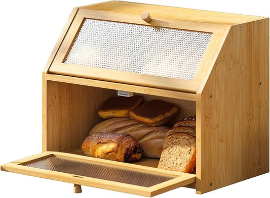 STDDRE Bread Box for Kitchen Countertop Bin Double Layer Bread Box Storage Container Extra Large Capacity Farmhouse with Diamond Pattern Windows (Natural, Large) by LifeTakesaDifferentTurn