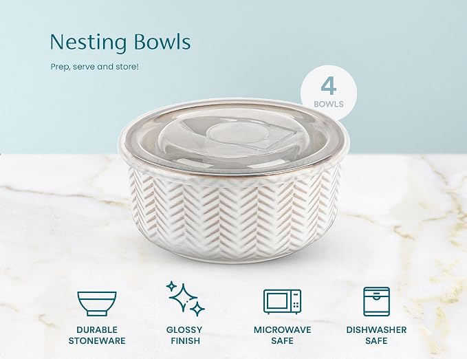 KooK Serving Bowls, with Lids, Ceramic Nesting Bowls, Set of 4, Embossed, Kitchen, Prep, Stackable, Gift, Microwave and Dishwasher Safe, 10/16/29/47 oz, Narbonne Collection (Ivory) - Image 7