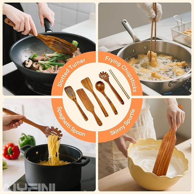 Non-Toxic Wooden Kitchen Utensils Set, 15.4" Long Handle Wood Spatula for Cooking, Egg Flipper Fish Turner Spatula for Non Stick Frying Pan, with Chopsticks, Soup Ladle, Pasta Spoon, Holder, Rest - Image 3