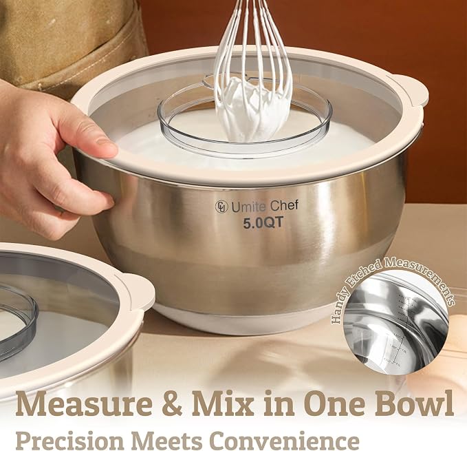 Mixing Bowles Set with Lids Set - Warp-Proof TPR-AS Lids, Stainless Steel Mixing Bowl with 3 Graters & Measuring Lines, Non-Slip Bowls for Baking, Prep, Airtight Food Storage (Khaki 5/3/2/1.5/0.63QT) - Image 8