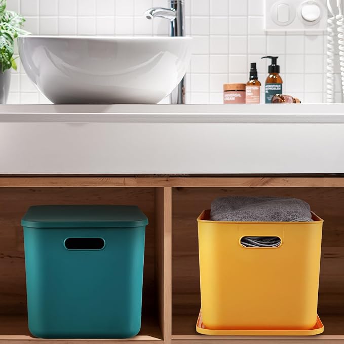 8 Pieces Colorful Storage Bins with Lid, Plastic Storage Basket Organizing Container Stackable Box with Handle for Shelves Desktop Playroom Office(14.2 x 10.2 x 9.5 Inch,Multi-colored) - Image 6