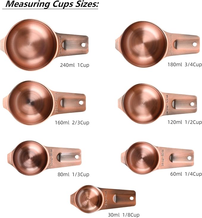 Measuring Cups and Spoons Set, Copper Plated Measuring Cups Spoons, Stainless Steel 7 Measuring cups and 9 Measuring Spoons 1 Leveler for Baking and Kitchen, Metal Copper Measure Cups&Spoons - Image 5