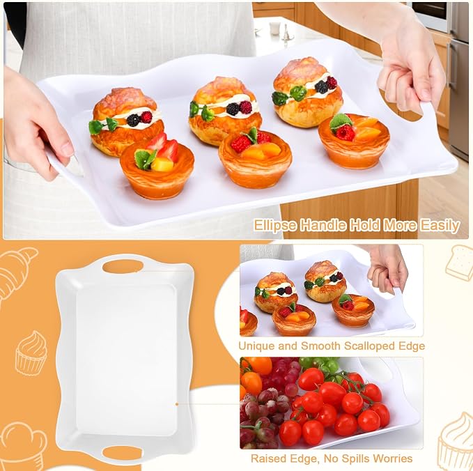 6 Pcs Large Melamine Serving Tray with Handles 17 x 12 Inch Rectangular Wave Melamine Serving Platters for Food, Eating, Turkey, Snack, Fruit, Desserts, Party, Dishwasher Safe - Image 3