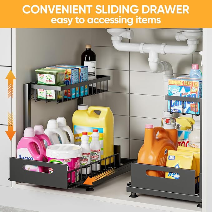 L-Shaped Under Sink Organizer, 2-Tier Pull-out Cabinet Rack 1-Pack | Black Height-Adjustable Steel Rack, Sliding Grid Drawers with PP Liners, Holds 100 Lbs, Suction Base, Ideal Kitchen Storage - Image 9