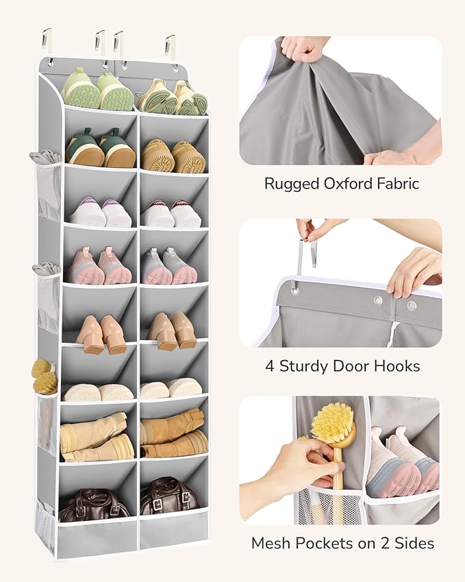 ULG Over The Door Shoe Organizer with 16 Large Pockets, Hanging Shoe Rack for Closet Door, Space Saving Shoe Storage for Boots, Heels & Sneakers,Grey - Image 5