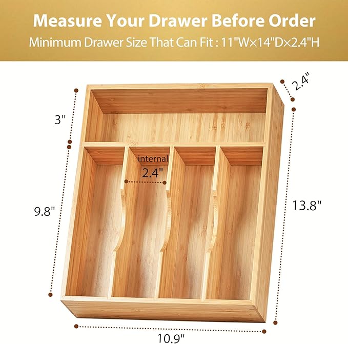 Bamboo Kitchen Drawer Organizer, 11 Inch Silverware Utensils Tray Holder with Grooved Dividers, 2.4" High Wood Caddy for Flatware Cutlery Knives - Image 6