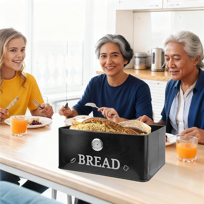 Black Bread Box for Kitchen Countertop with Bamboo lid, Hygrometer Kitchen Organizer for Sourdough, Buns, and Loaves, Bread Storage Container - Image 7