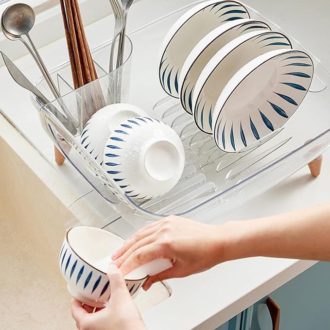 Dish Rack, Dish Drying Rack for Kitchen Counter, Dish Drainer with Drainboard Set and Utensil Holder, Sink Drying Dish Strainer Rack (Clear) - Image 2